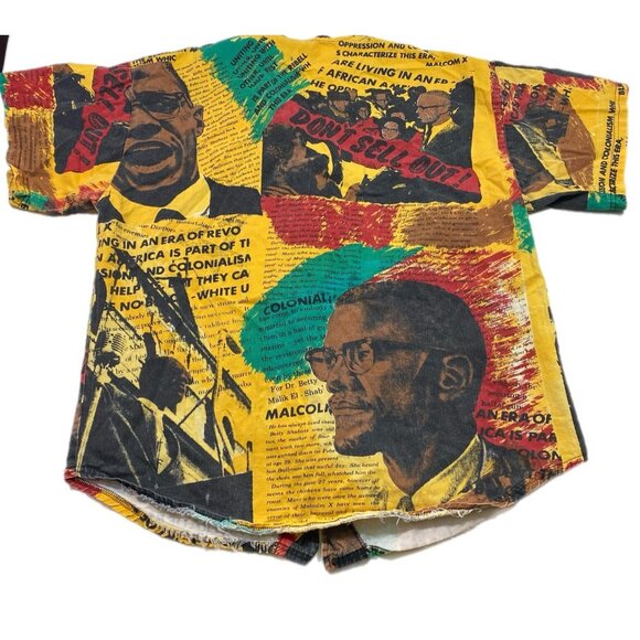 Vintage 1990s Malcolm X All Over Print Jersey Button Up Black History Sz XL USA - Picture 4 of 6